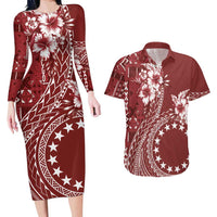 Kia Orana Cook Islands Couples Matching Long Sleeve Bodycon Dress and Hawaiian Shirt Tiare and Stars - Scarlet LT7 Red - Polynesian Pride