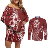 Kia Orana Cook Islands Couples Matching Off Shoulder Short Dress and Long Sleeve Button Shirt Tiare and Stars - Scarlet LT7 Red - Polynesian Pride