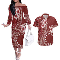 Kia Orana Cook Islands Couples Matching Off The Shoulder Long Sleeve Dress and Hawaiian Shirt Tiare and Stars - Scarlet LT7 Red - Polynesian Pride