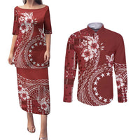 Kia Orana Cook Islands Couples Matching Puletasi and Long Sleeve Button Shirt Tiare and Stars - Scarlet LT7 Red - Polynesian Pride
