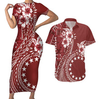 Kia Orana Cook Islands Couples Matching Short Sleeve Bodycon Dress and Hawaiian Shirt Tiare and Stars - Scarlet LT7 Red - Polynesian Pride