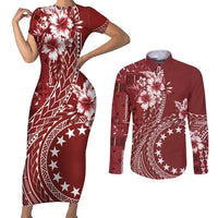 Kia Orana Cook Islands Couples Matching Short Sleeve Bodycon Dress and Long Sleeve Button Shirt Tiare and Stars - Scarlet LT7 Red - Polynesian Pride