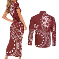 Kia Orana Cook Islands Couples Matching Short Sleeve Bodycon Dress and Long Sleeve Button Shirt Tiare and Stars - Scarlet LT7 - Polynesian Pride