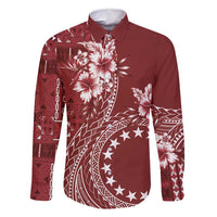 Kia Orana Cook Islands Family Matching Long Sleeve Bodycon Dress and Hawaiian Shirt Tiare and Stars - Scarlet LT7 Dad's Shirt - Long Sleeve Red - Polynesian Pride