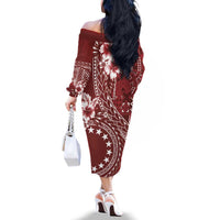 Kia Orana Cook Islands Family Matching Off The Shoulder Long Sleeve Dress and Hawaiian Shirt Tiare and Stars - Scarlet LT7 - Polynesian Pride