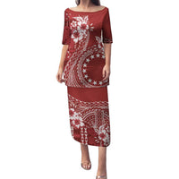 Kia Orana Cook Islands Family Matching Puletasi and Hawaiian Shirt Tiare and Stars - Scarlet LT7 Mom's Dress Red - Polynesian Pride