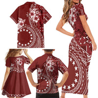 Kia Orana Cook Islands Family Matching Short Sleeve Bodycon Dress and Hawaiian Shirt Tiare and Stars - Scarlet LT7 - Polynesian Pride