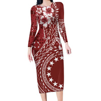 Kia Orana Cook Islands Long Sleeve Bodycon Dress Tiare and Stars - Scarlet LT7 Long Dress Red - Polynesian Pride