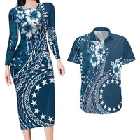 Kia Orana Cook Islands Couples Matching Long Sleeve Bodycon Dress and Hawaiian Shirt Tiare and Stars - Navy Blue LT7 Navy Blue - Polynesian Pride