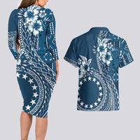 Kia Orana Cook Islands Couples Matching Long Sleeve Bodycon Dress and Hawaiian Shirt Tiare and Stars - Navy Blue LT7 - Polynesian Pride