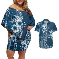Kia Orana Cook Islands Couples Matching Off Shoulder Short Dress and Hawaiian Shirt Tiare and Stars - Navy Blue LT7 Navy Blue - Polynesian Pride