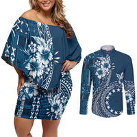 Kia Orana Cook Islands Couples Matching Off Shoulder Short Dress and Long Sleeve Button Shirt Tiare and Stars - Navy Blue LT7 Navy Blue - Polynesian Pride