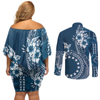 Kia Orana Cook Islands Couples Matching Off Shoulder Short Dress and Long Sleeve Button Shirt Tiare and Stars - Navy Blue LT7 - Polynesian Pride