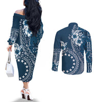 Kia Orana Cook Islands Couples Matching Off The Shoulder Long Sleeve Dress and Long Sleeve Button Shirt Tiare and Stars - Navy Blue LT7 - Polynesian Pride