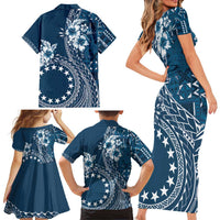 Kia Orana Cook Islands Family Matching Short Sleeve Bodycon Dress and Hawaiian Shirt Tiare and Stars - Navy Blue LT7 - Polynesian Pride