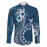 Kia Orana Cook Islands Family Matching Short Sleeve Bodycon Dress and Hawaiian Shirt Tiare and Stars - Navy Blue LT7 Dad's Shirt - Long Sleeve Navy Blue - Polynesian Pride