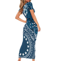 Kia Orana Cook Islands Family Matching Short Sleeve Bodycon Dress and Hawaiian Shirt Tiare and Stars - Navy Blue LT7 - Polynesian Pride