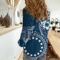 Kia Orana Cook Islands Women Casual Shirt Tiare and Stars - Navy Blue LT7 - Polynesian Pride