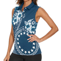 Kia Orana Cook Islands Women Sleeveless Polo Shirt Tiare and Stars - Navy Blue LT7 - Polynesian Pride