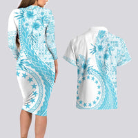 Kia Orana Cook Islands Couples Matching Long Sleeve Bodycon Dress and Hawaiian Shirt Tiare and Stars - Turquoise LT7 - Polynesian Pride