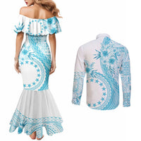 Kia Orana Cook Islands Couples Matching Mermaid Dress and Long Sleeve Button Shirt Tiare and Stars - Turquoise LT7 - Polynesian Pride
