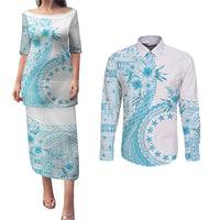 Kia Orana Cook Islands Couples Matching Puletasi and Long Sleeve Button Shirt Tiare and Stars - Turquoise LT7 Turquoise - Polynesian Pride