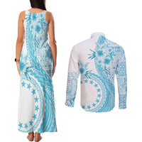 Kia Orana Cook Islands Couples Matching Tank Maxi Dress and Long Sleeve Button Shirt Tiare and Stars - Turquoise LT7 - Polynesian Pride
