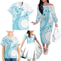 Kia Orana Cook Islands Family Matching Off The Shoulder Long Sleeve Dress and Hawaiian Shirt Tiare and Stars - Turquoise LT7 - Polynesian Pride