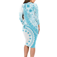 Kia Orana Cook Islands Long Sleeve Bodycon Dress Tiare and Stars - Turquoise LT7 - Polynesian Pride