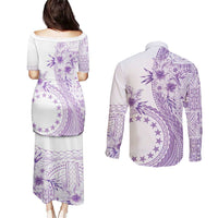Kia Orana Cook Islands Couples Matching Puletasi and Long Sleeve Button Shirt Tiare and Stars - Lavender LT7 - Polynesian Pride