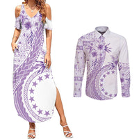 Kia Orana Cook Islands Couples Matching Summer Maxi Dress and Long Sleeve Button Shirt Tiare and Stars - Lavender LT7 Lavender - Polynesian Pride