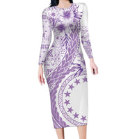 Kia Orana Cook Islands Long Sleeve Bodycon Dress Tiare and Stars - Lavender LT7 Long Dress Lavender - Polynesian Pride
