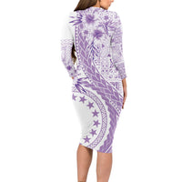Kia Orana Cook Islands Long Sleeve Bodycon Dress Tiare and Stars - Lavender LT7 - Polynesian Pride