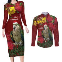 Kakapo Bird New Zealand Couples Matching Long Sleeve Bodycon Dress and Long Sleeve Button Shirt Floral Christmas LT7 Red - Polynesian Pride