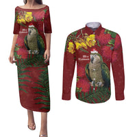 Kakapo Bird New Zealand Couples Matching Puletasi and Long Sleeve Button Shirt Floral Christmas LT7 Red - Polynesian Pride