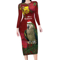 Kakapo Bird New Zealand Long Sleeve Bodycon Dress Floral Christmas LT7 Long Dress Red - Polynesian Pride