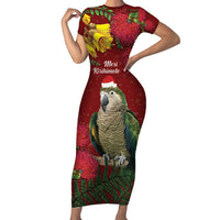 Kakapo Bird New Zealand Short Sleeve Bodycon Dress Floral Christmas LT7 Long Dress Red - Polynesian Pride