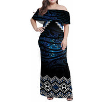 New Zealand Matariki Family Matching Off Shoulder Maxi Dress and Hawaiian Shirt Galaxy Styled Taniko LT7 Mom's Dress Blue - Polynesian Pride