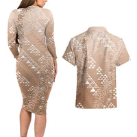 Hawaii Beige Kapa Couples Matching Long Sleeve Bodycon Dress and Hawaiian Shirt Vintage 'Ohe Kāpala Motifs Mix Plumeria Leis LT7 - Polynesian Pride