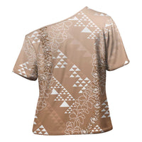 Hawaii Beige Kapa Cross Shoulder Shirt Vintage 'Ohe Kāpala Motifs Mix Plumeria Leis LT7 - Polynesian Pride