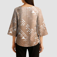 Hawaii Beige Kapa Kimono Sleeve Blouse Vintage 'Ohe Kāpala Motifs Mix Plumeria Leis LT7 - Polynesian Pride