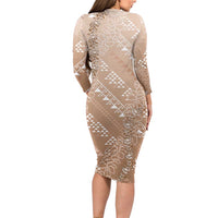 Hawaii Beige Kapa Long Sleeve Bodycon Dress Vintage 'Ohe Kāpala Motifs Mix Plumeria Leis LT7 - Polynesian Pride