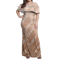 Hawaii Beige Kapa Off Shoulder Maxi Dress Vintage 'Ohe Kāpala Motifs Mix Plumeria Leis LT7 Women Beige - Polynesian Pride
