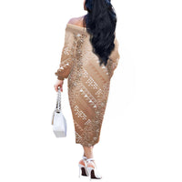 Hawaii Beige Kapa Off The Shoulder Long Sleeve Dress Vintage 'Ohe Kāpala Motifs Mix Plumeria Leis LT7 - Polynesian Pride