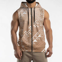 Hawaii Beige Kapa Sleeveless Zip Hoodie Vintage 'Ohe Kāpala Motifs Mix Plumeria Leis LT7 - Polynesian Pride