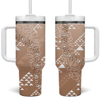 Hawaii Beige Kapa Tumbler With Handle Vintage 'Ohe Kāpala Motifs Mix Plumeria Leis LT7 One Size: 40 oz Beige - Polynesian Pride