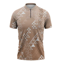Hawaii Beige Kapa Zipper Polo Shirt Vintage 'Ohe Kāpala Motifs Mix Plumeria Leis LT7 Beige - Polynesian Pride
