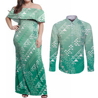 Hawaii Jade Green Kapa Couples Matching Off Shoulder Maxi Dress and Long Sleeve Button Shirt Vintage 'Ohe Kāpala Motifs Mix Plumeria Leis LT7 Jade Green - Polynesian Pride