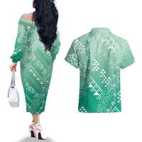 Hawaii Jade Green Kapa Couples Matching Off The Shoulder Long Sleeve Dress and Hawaiian Shirt Vintage 'Ohe Kāpala Motifs Mix Plumeria Leis LT7 - Polynesian Pride