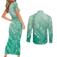 Hawaii Jade Green Kapa Couples Matching Short Sleeve Bodycon Dress and Long Sleeve Button Shirt Vintage 'Ohe Kāpala Motifs Mix Plumeria Leis LT7 - Polynesian Pride